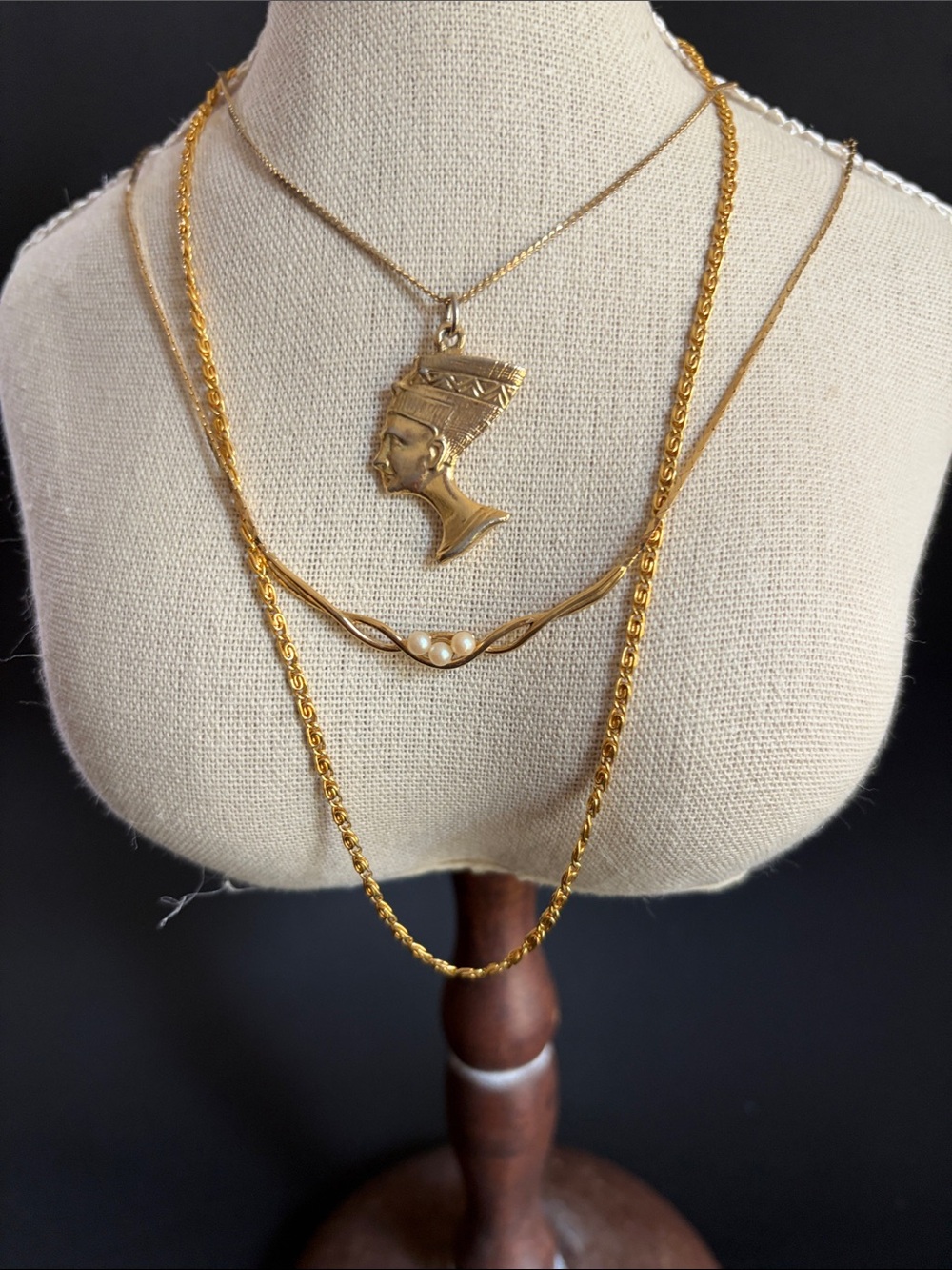 Trio of Gold-Tone Necklaces with Nefertiti Pendant and Pearls